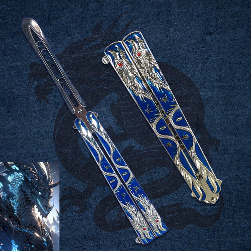 Shop the Blue Dragon butterfly knife trainer! Metal balisong blade with blue and silver dragon motif and red eye detail — perfect for display, cosplay, and flipping practice.