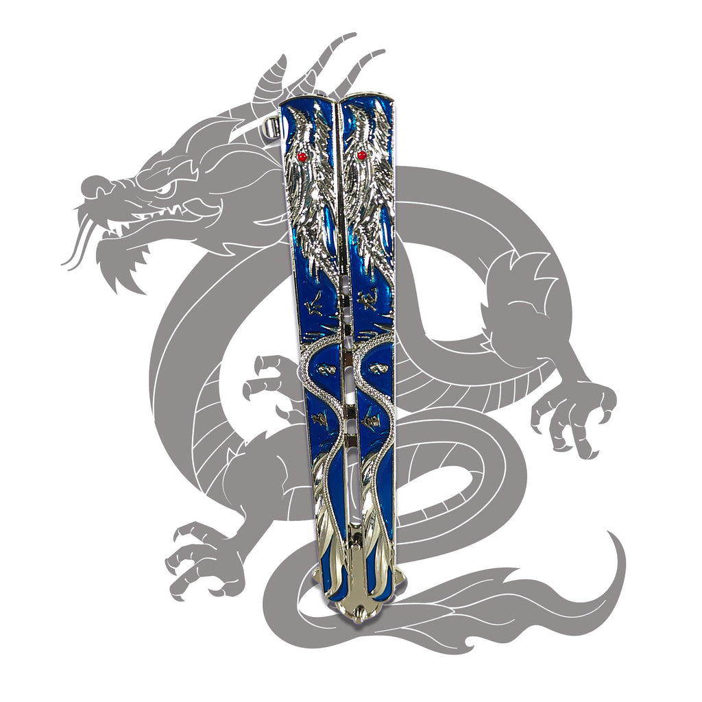 Shop the Blue Dragon butterfly knife trainer! Metal balisong blade with blue and silver dragon motif and red eye detail — perfect for display, cosplay, and flipping practice.