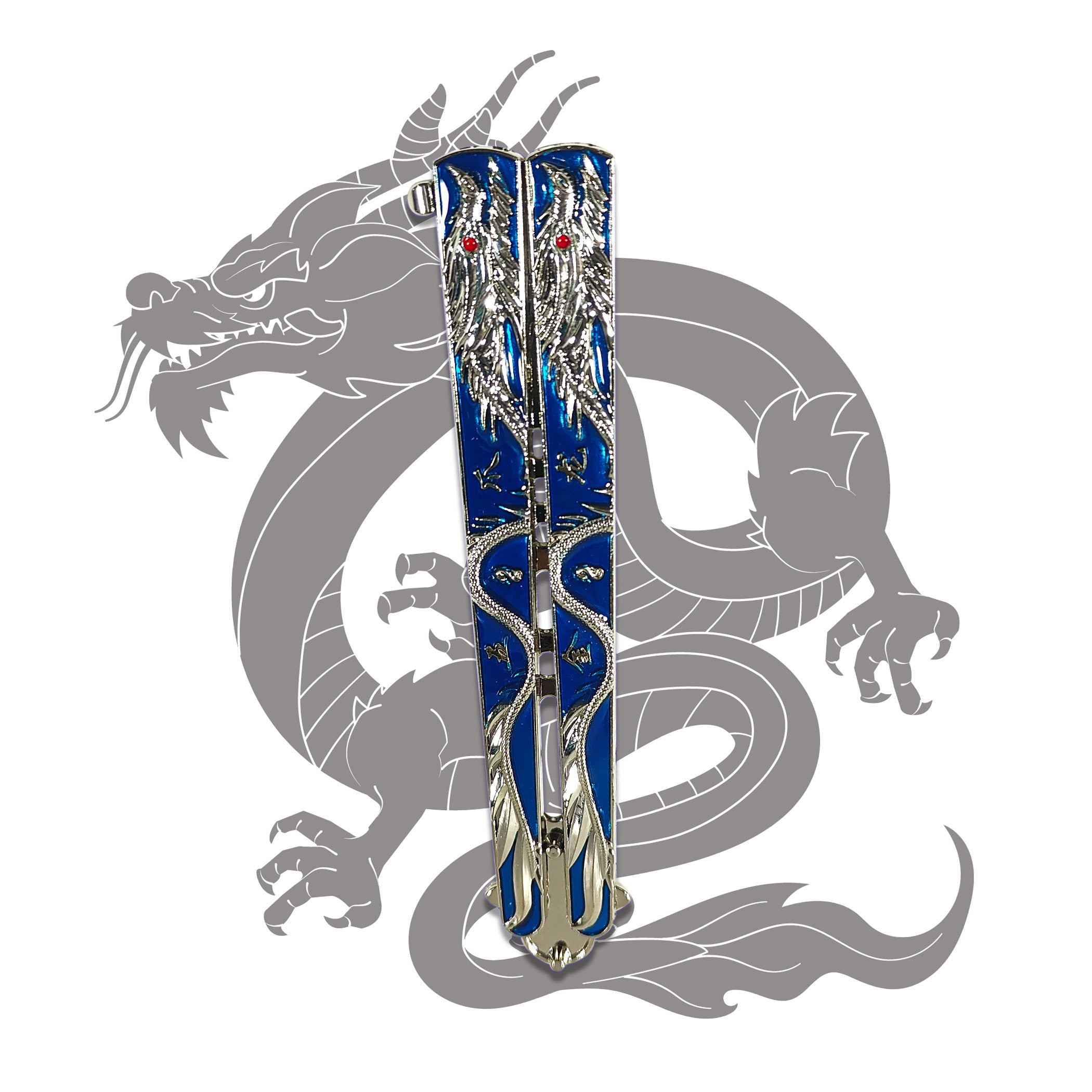 Shop the Blue Dragon butterfly knife trainer! Metal balisong blade with blue and silver dragon motif and red eye detail — perfect for display, cosplay, and flipping practice.