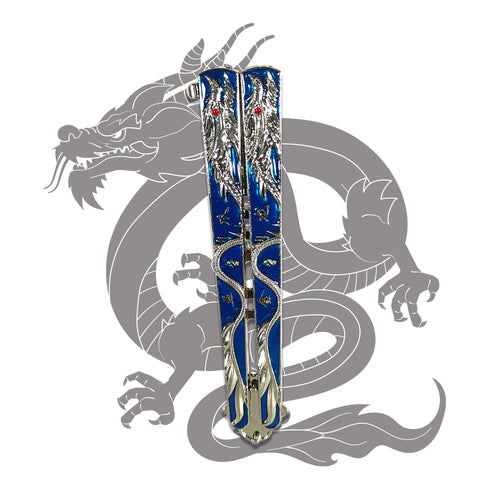 Shop the Blue Dragon butterfly knife trainer! Metal balisong blade with blue and silver dragon motif and red eye detail — perfect for display, cosplay, and flipping practice.