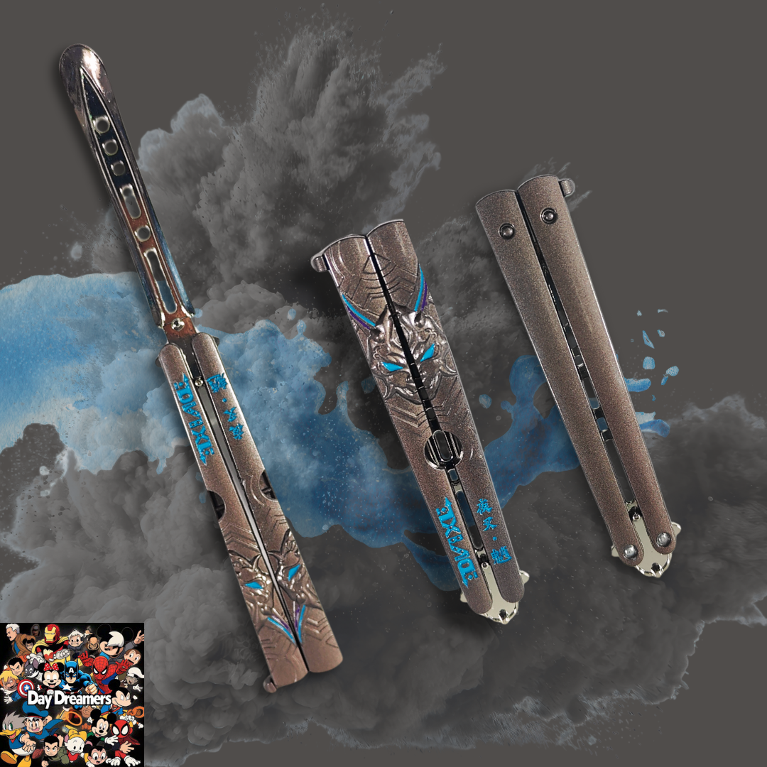 Blue echo dragon engraved metal butterfly knife trainer with smooth pivot handles — decorative Balisong blade