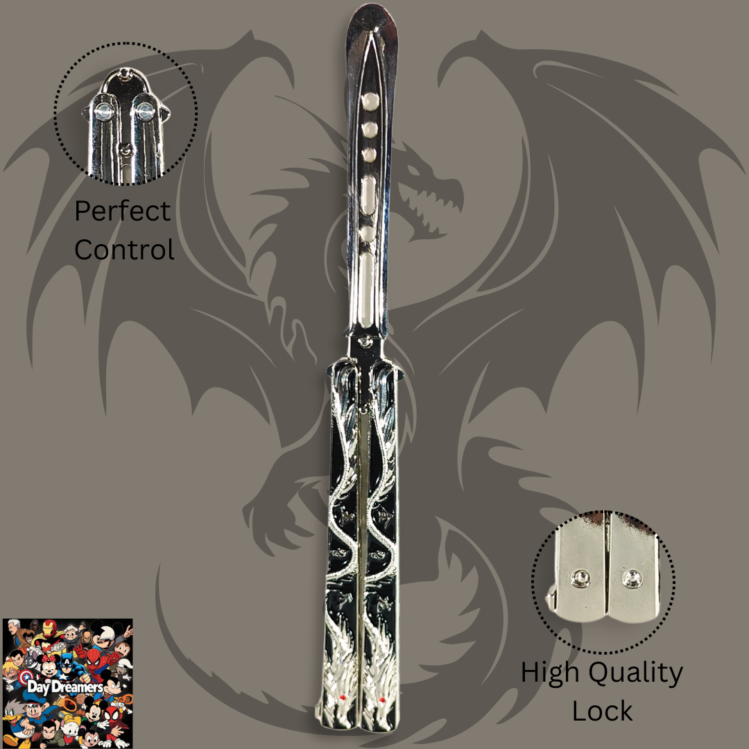 Metal decorative butterfly knife with dragon engravings and smooth handles — balisong trainer blade