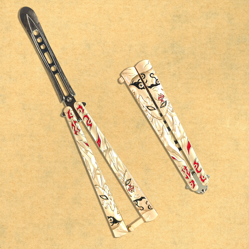 Golden Naruto engraved metal butterfly knife trainer with red accents — decorative balisong blade