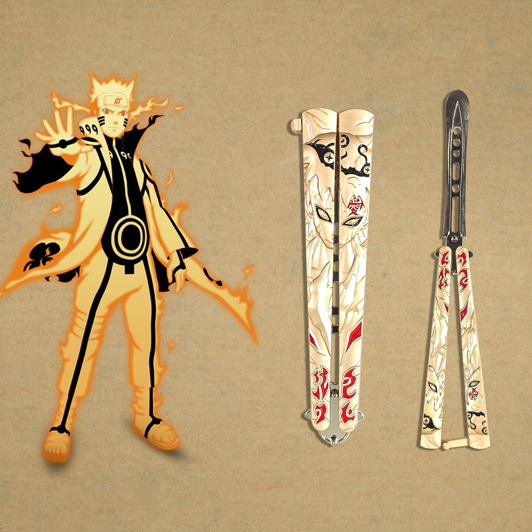 Golden Naruto engraved metal butterfly knife trainer with red accents — decorative balisong blade