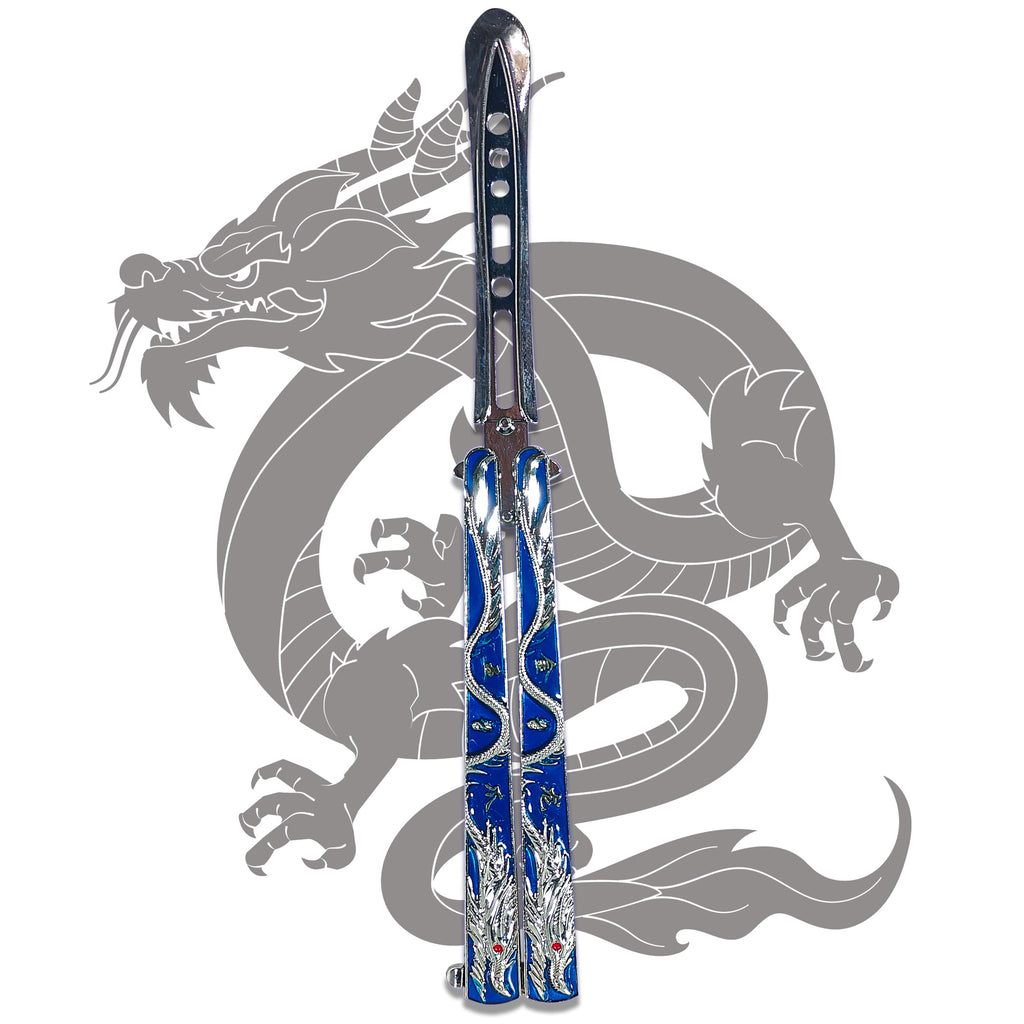 Shop the Blue Dragon butterfly knife trainer! Metal balisong blade with blue and silver dragon motif and red eye detail — perfect for display, cosplay, and flipping practice.