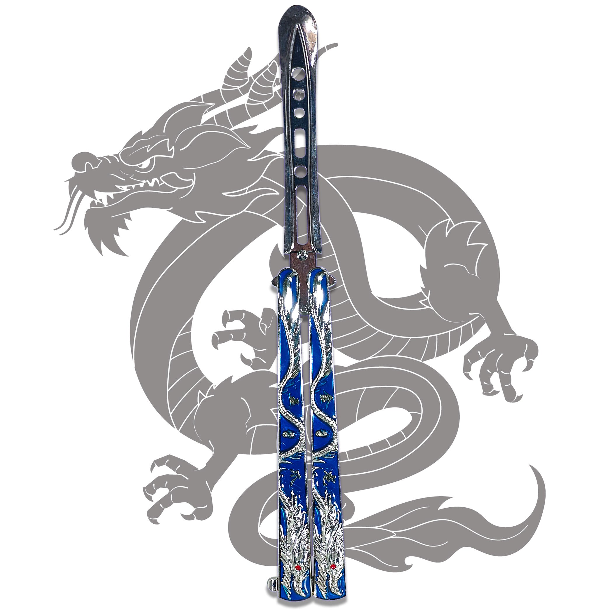 Shop the Blue Dragon butterfly knife trainer! Metal balisong blade with blue and silver dragon motif and red eye detail — perfect for display, cosplay, and flipping practice.