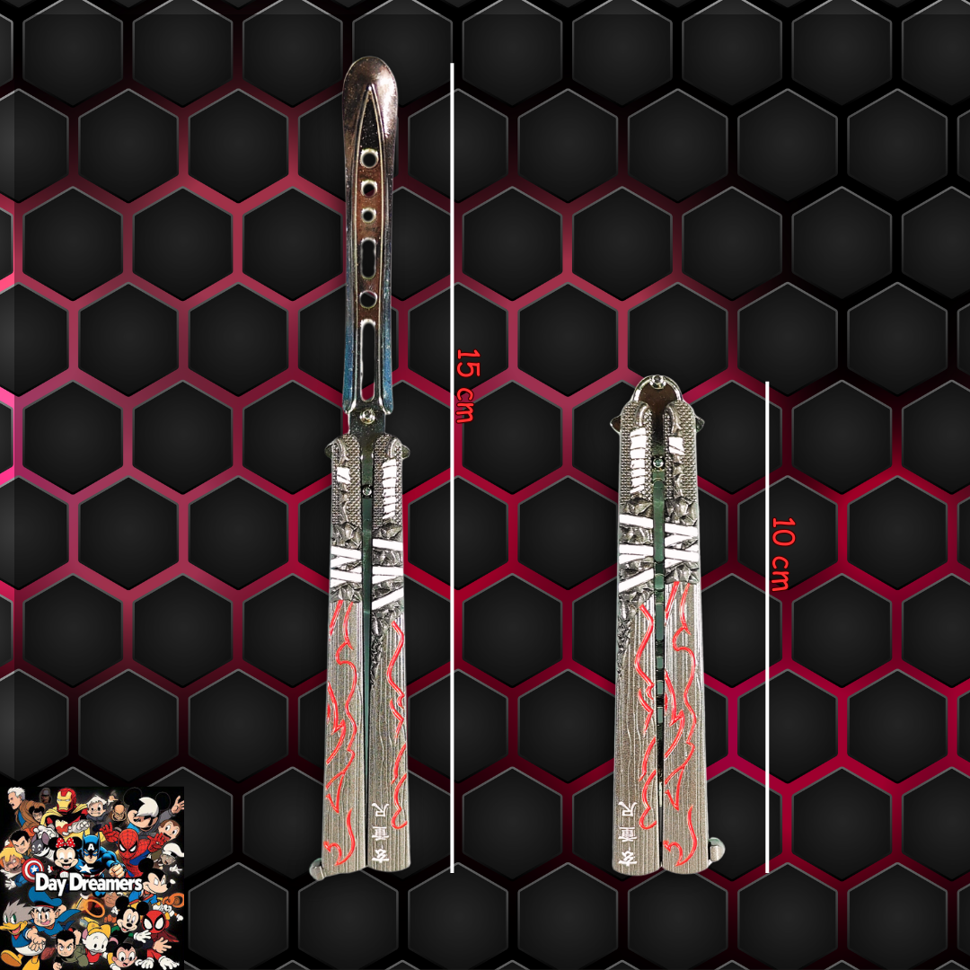 Explore this red flame engraved butterfly knife trainer! Metal balisong blade with smooth pivoting handles — ideal for practice, display, and collectors. Add action-ready style!