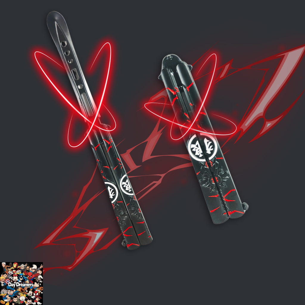 Sharingan-inspired metal butterfly knife trainer with black handles and red accent graphics — anime balisong blade