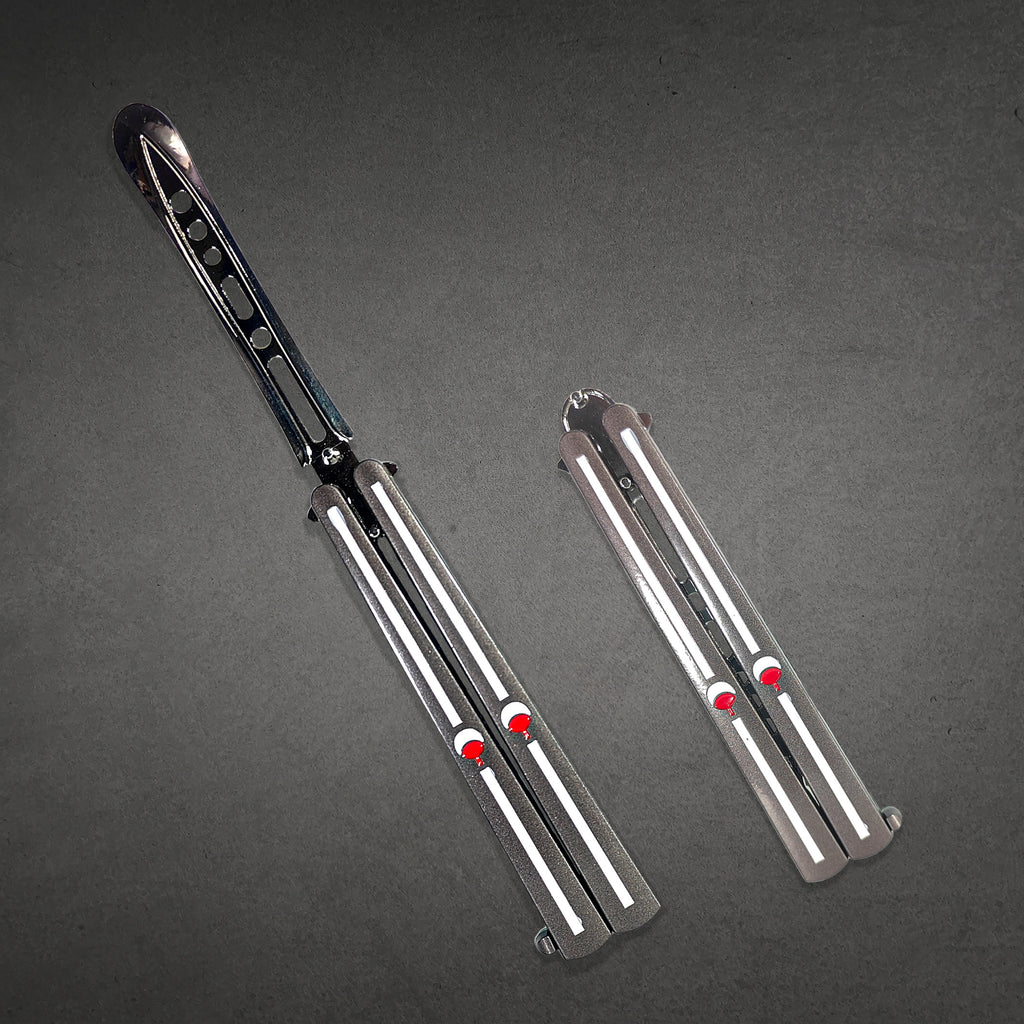 Uchiha Clan engraved metal butterfly knife trainer with smooth handles — anime-inspired balisong blade