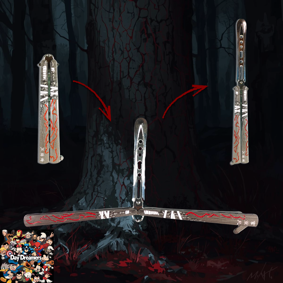 Red Flame Engraved Butterfly Knife Trainer – Metal Balisong Blade