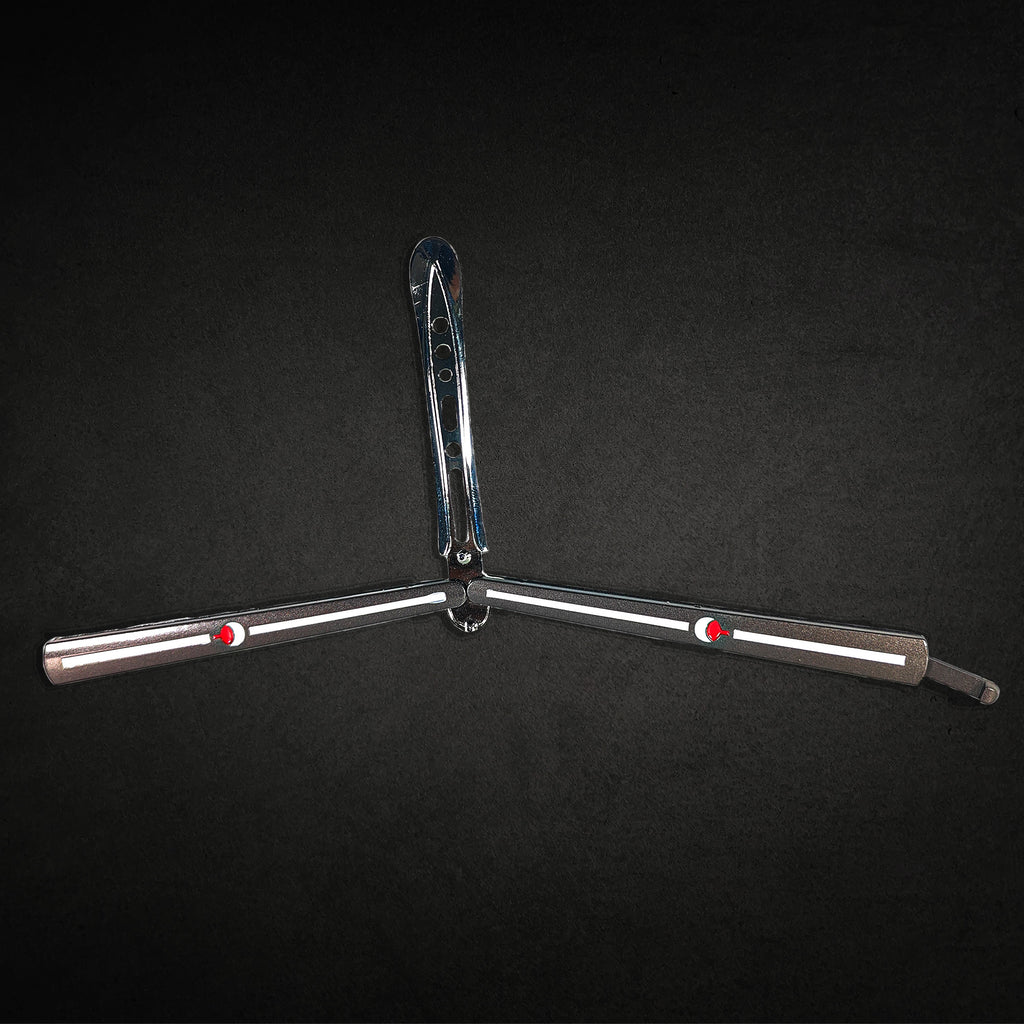 Uchiha Clan engraved metal butterfly knife trainer with smooth handles — anime-inspired balisong blade