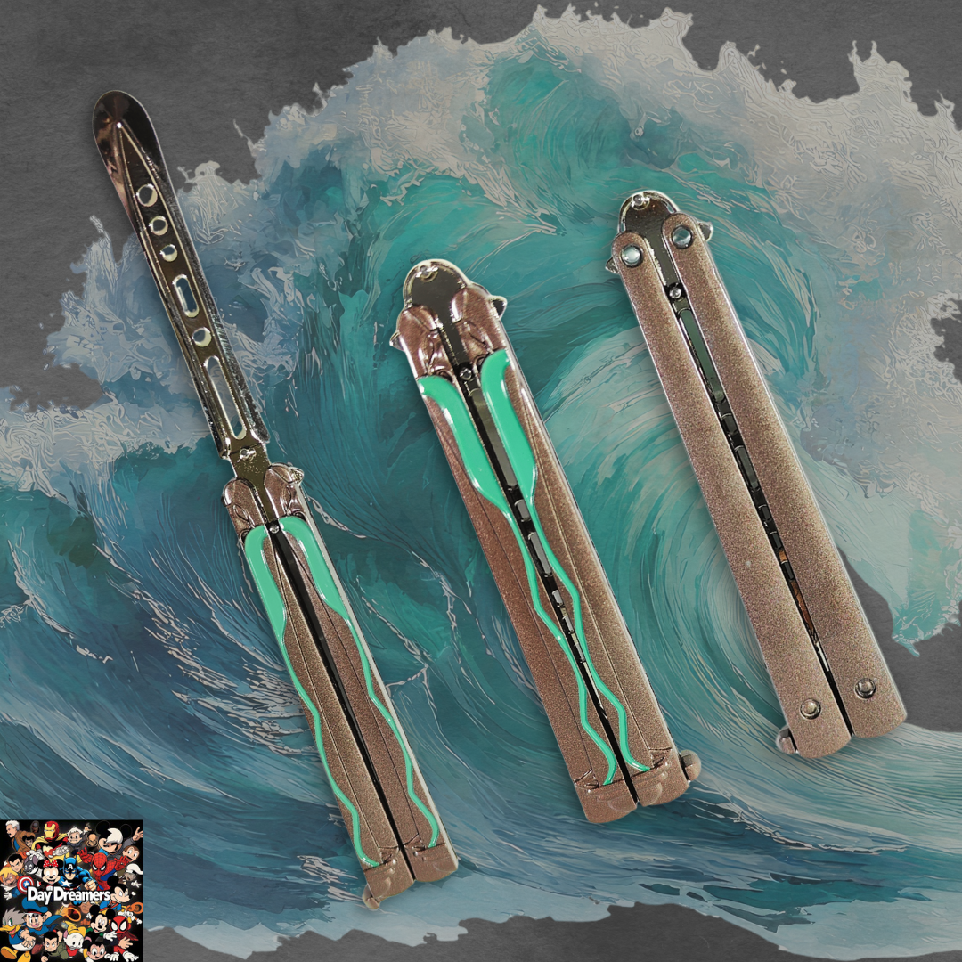 Xiao-inspired metal butterfly knife trainer with blue accents and engraved symbols – Genshin Impact themed balisong