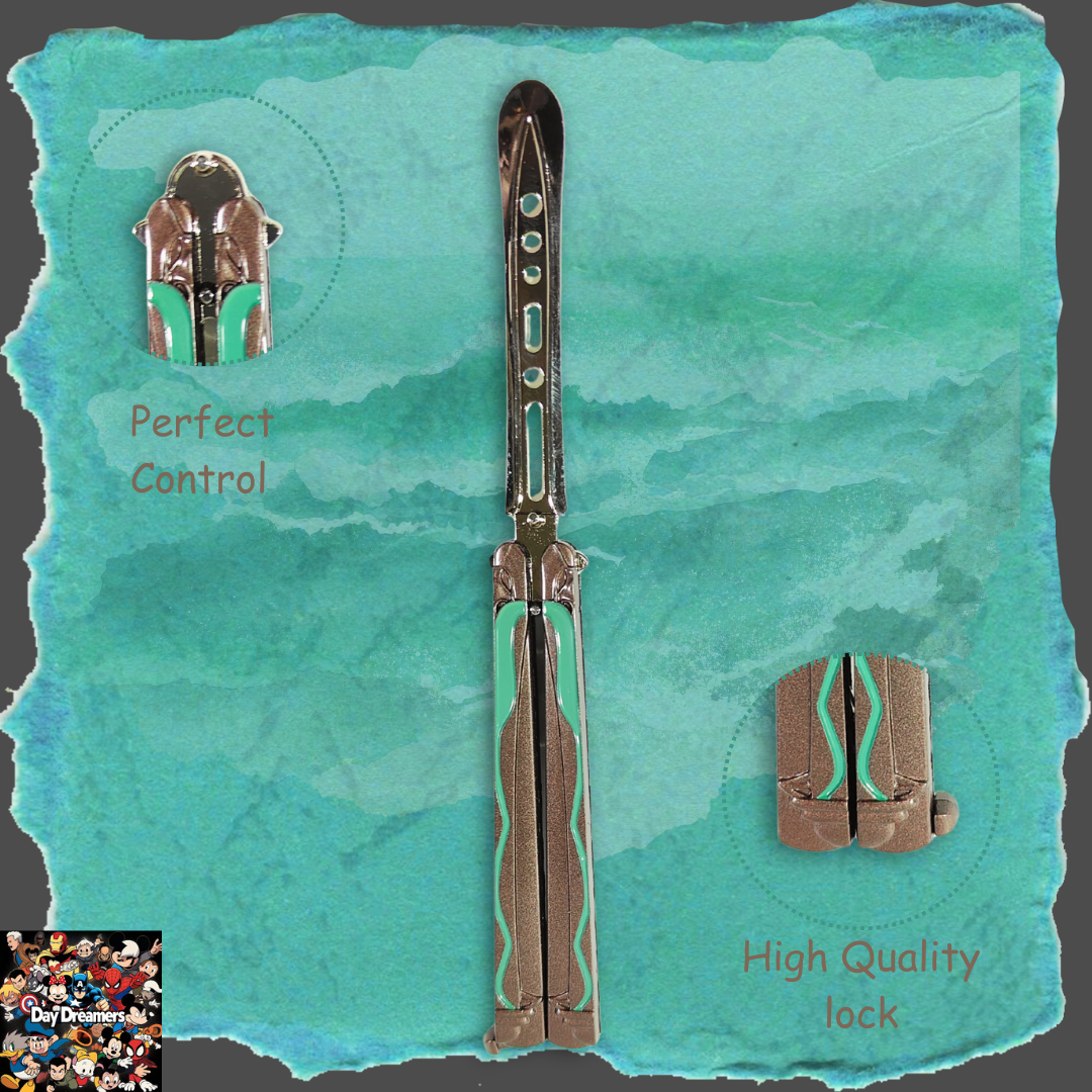 Xiao-inspired metal butterfly knife trainer with blue accents and engraved symbols – Genshin Impact themed balisong