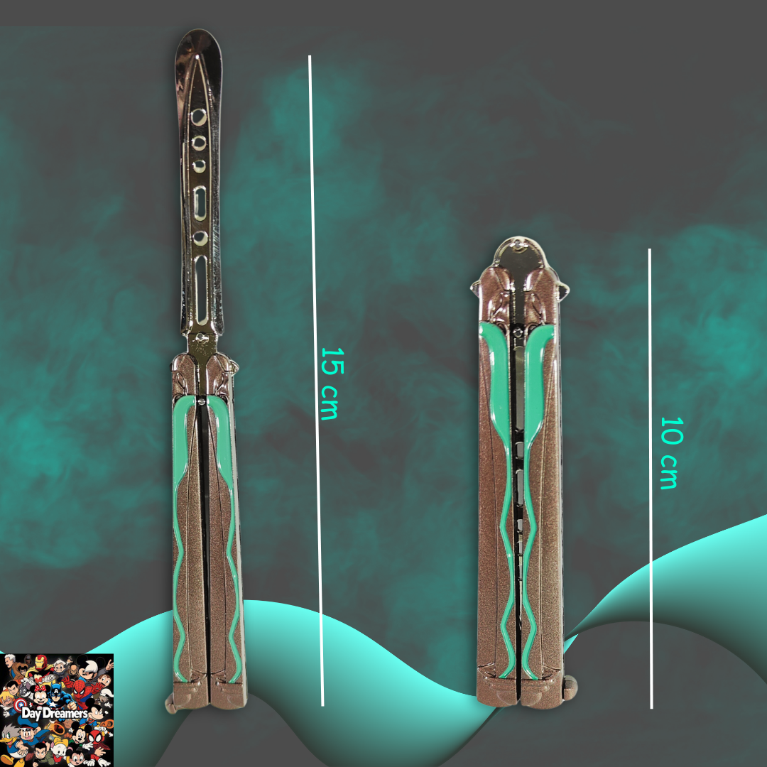 Shop the Xiao-inspired butterfly knife trainer! Metal balisong with Genshin Impact themed symbols and blue accents—perfect for fans, display, cosplay, and practice.